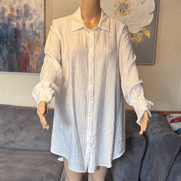 Cream Tops - White Button-Up Shirt Dress